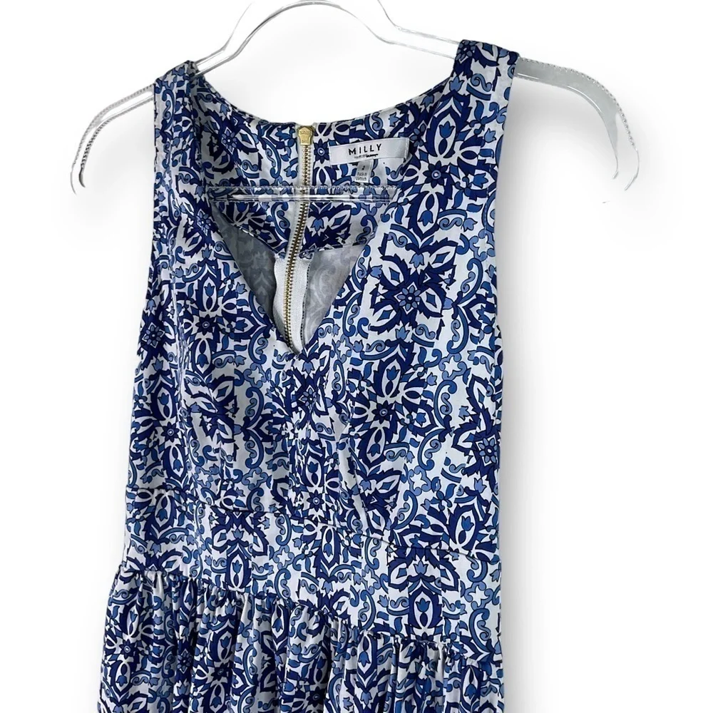 Milly Blue Combo Sleeveless V Neck A Line Cotton Blend Dress Blue Sz 2 - Picture 6 of 13
